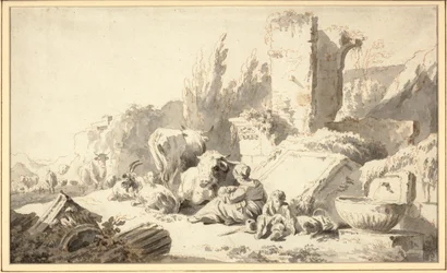 Un mandriano con la sua famiglia e il bestiame accanto a rovine classiche