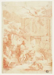 Vaccaro con toro e cane in rovina