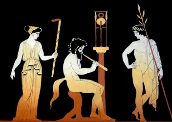 Vincitore dei giochi incoronato che ascolta un satiro suonare il flauto
