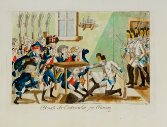 Soldati austriaci sorprendono un distaccamento francese nei suoi alloggi a Bavai ... (incisione)