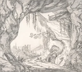 Paesaggio montuoso con rovine di un castello e tre uomini in una grotta..., fine XVIII-inizio XIX sec.