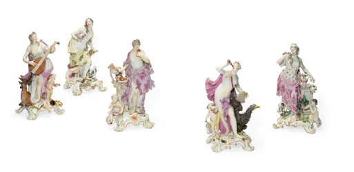 Cinque figure di Meissen emblematiche dei sensi, circa 1765