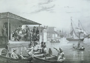 Sbarco, incisione di Deroi e Leon Jean Baptiste Sabatier (fl.1827-87) pubblicata da Engelmann, 1835 ca.