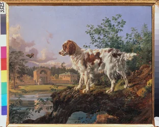 La proprietà Kuzminki. Il maneggio. Un cane nel paesaggio. Opera di Johann Nepomuk Rauch (1804-1847), olio su cartone