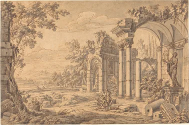 Paesaggio con un disegnatore tra rovine antiche