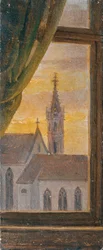Vista da una finestra su un campanile gotico