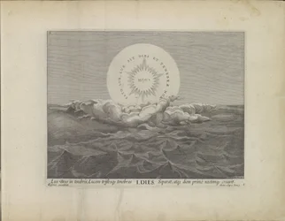 Primo giorno della creazione: separazione della luce dalle tenebre (creazione del mondo, Theatrum Biblicum Hoc Est Historiae Sacrae Veteris et Novi Testamenti Tabulis Aeneis Expressae)