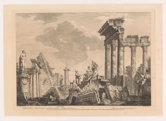 Cinque uomini che discutono vicino a rovine antiche