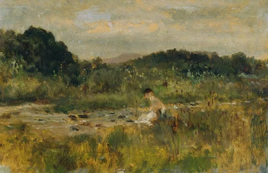 Paesaggio con ruscello e ragazza seduta