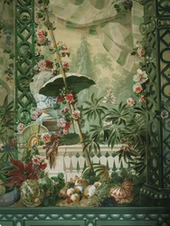 Scena di giardino con ombrellone e tenda sontuosa
