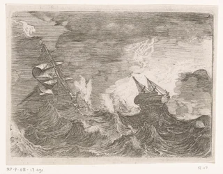 Cinque navi a vela in mare durante una tempesta (serie Schepen in stormachtig weer)