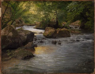 Torrente di montagna con pittore seduto