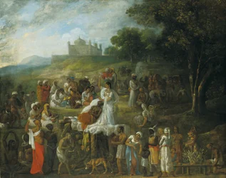 Sacrificio di una vedova indù sulla pira funeraria del marito