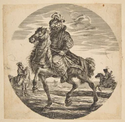 Cavaliere ungherese che cavalca verso sinistra, altri cavalieri sullo sfondo, un circolare