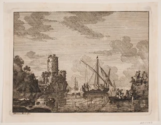 Navi su un fiume. A sinistra una torre