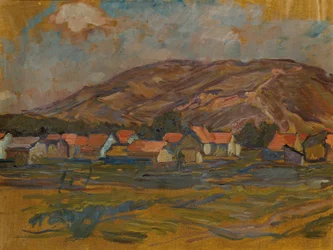 Paesaggio con case e montagna