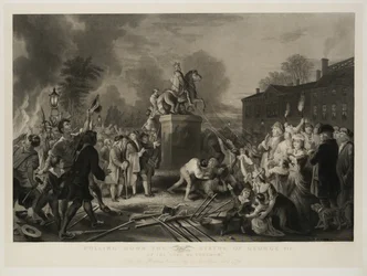 Abbattimento della statua di Giorgio III, dai Figli della Libertà, al Bowling Green, Città di New York, luglio 1770, inciso da John C. McRae