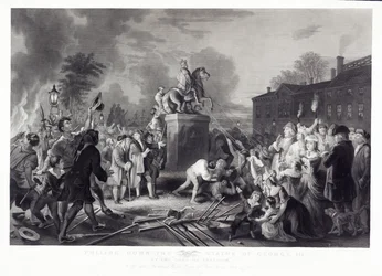 Abbattimento della statua di Giorgio III da parte dei Figli della Libertà, al Bowling Green, città di New York, luglio 1776, pub. 1875