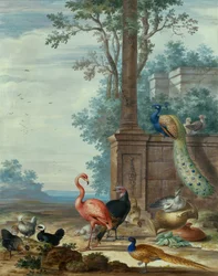 Paesaggio italianeggiante con pavone, fagiano, fenicottero e altri uccelli