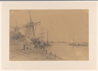 Mulini a Dordrecht lungo il fiume con navi