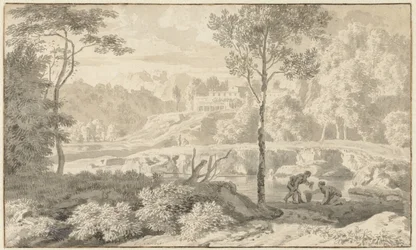 Paesaggio arcadico con figure vicino a un lago