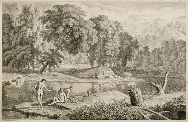 Paesaggio arcadico con un fiume e tre bagnanti
