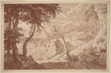 Paesaggio montano con due uomini a riposo