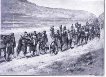 Una batteria di cannoni da campo in viaggio verso Ichon, illustrazione da Cassells History of the Russo-Japanese War Vol 1, c.1900