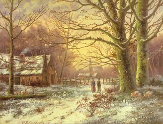 Figure su un sentiero davanti a un villaggio in inverno
