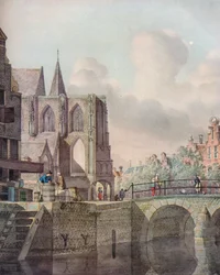 Scena fluviale continentale con ponte e chiesa, XVIII secolo