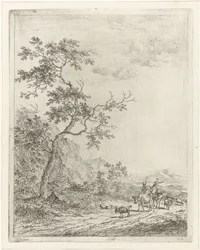 Paesaggio montuoso con pastore, pastorella e bestiame