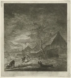 Paesaggio notturno con fattoria e pattinatori