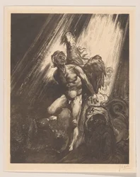 Angelo caduto appoggiato a una roccia