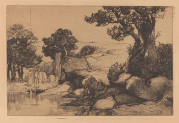 Paesaggio con uomo e donna sulla riva