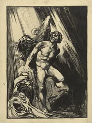 Lucifero in un paesaggio roccioso vicino a un ruscello, guardando verso la luce