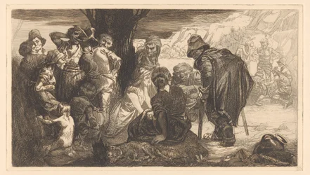 Uomini, donne e bambini vicino a un albero