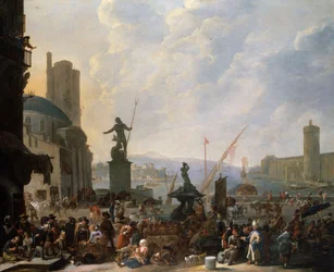 Un capriccio di un porto mediterraneo con la Fontana del Tritone di Bernini e un capriccio del Palais du Louvre, 1651