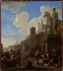 Scena di strada con capriccio di edifici romani