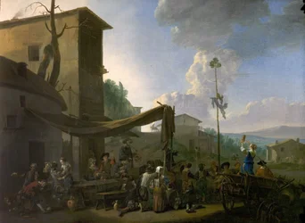 Una festa di villaggio, contadini che si divertono fuori da una locanda, primi anni 1650