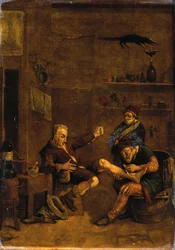 Un chirurgo cura il piede di un uomo. Mezzatinta da una composizione attribuita a Johannes Lingelbach.