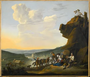 Tedesco: Südliche Landschaft mit Fähre Paesaggio meridionale con vista su una baia, con viaggiatori che riposano