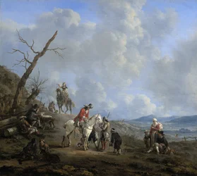 Paesaggio con cavalieri, cacciatori e contadini