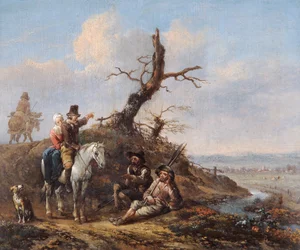 Paesaggio con viaggiatori che riposano e coppia a cavallo