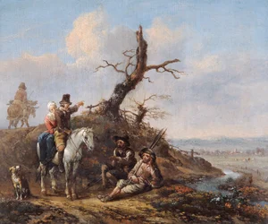 Paesaggio con viaggiatori che riposano e coppia a cavallo, XVII secolo