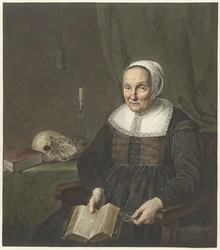 Ritratto di una vecchia seduta con un libro aperto