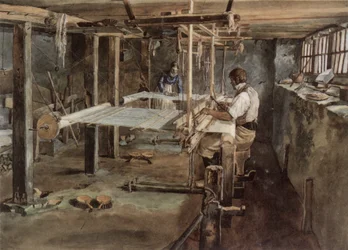 Coppia di tessitori di Appenzell al lavoro sul telaio a mano, circa 1830