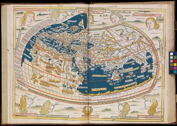 La prima edizione di Tolomeo stampata in Germania, e la prima con mappe xilografiche. Rilegatura originale
