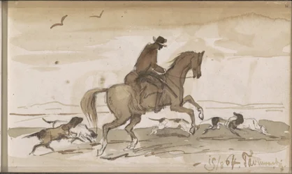 Paesaggio con cavaliere e cani in corsa