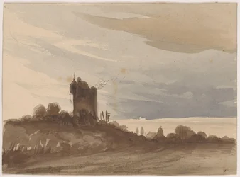 Paesaggio con torre in rovina