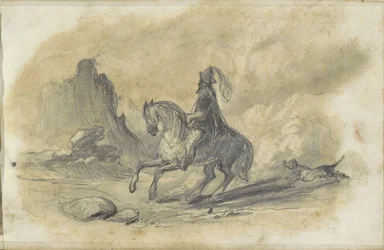 Cavaliere con un cane su un sentiero roccioso